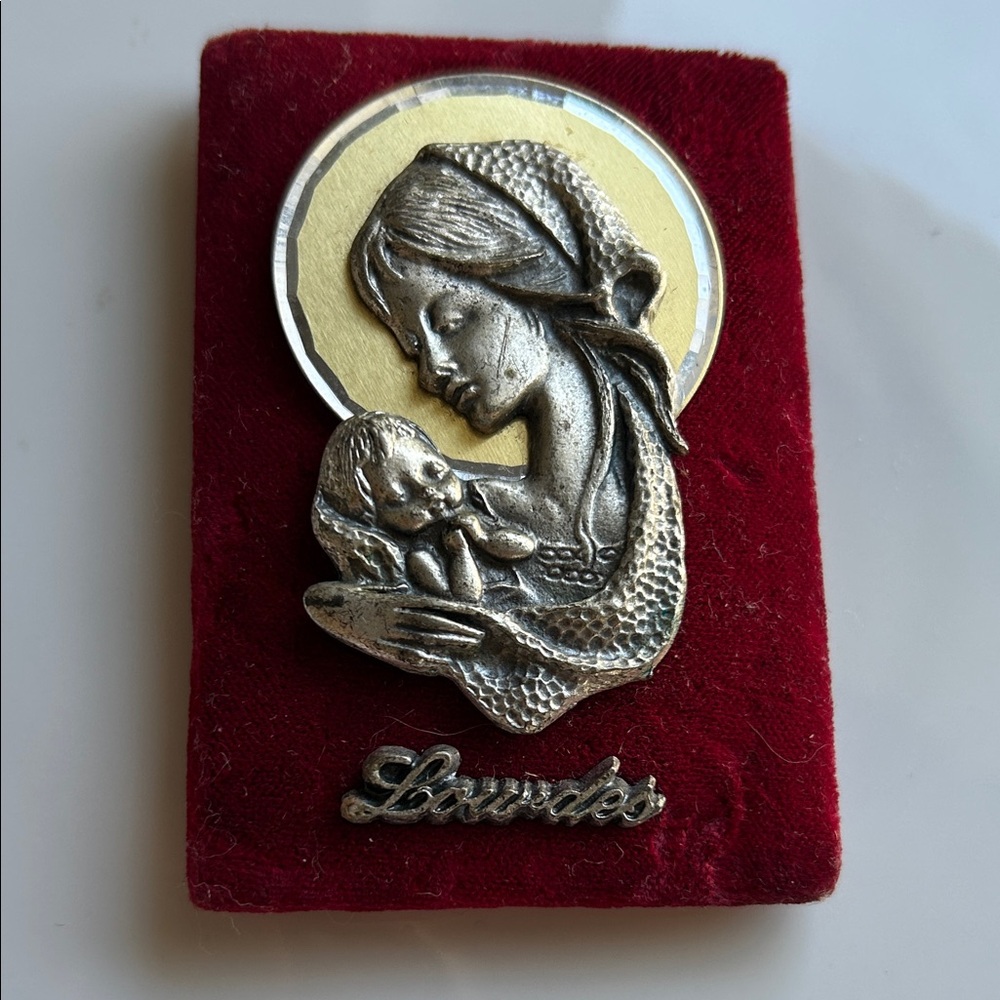 Vintage Lourdes Italy Metal Religious Plaque Virgin Mary & Child Velvet Frame